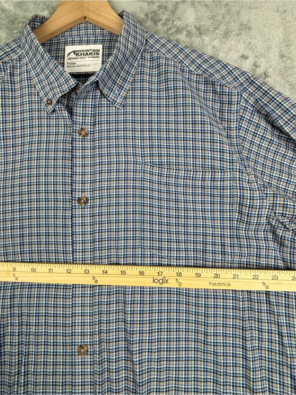 Mountain Khakis Shirt Mens XL Blue Brown Plaid Check Long Sleeve *Flaws